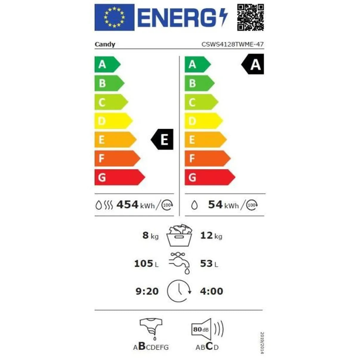 Lave-linge séchant CANDY CSWS4128TWME - 12 / 8 kg - Induction - 1400 trs/min - Vapeur - Connecté - Classe A - Blanc - Cosnewshop