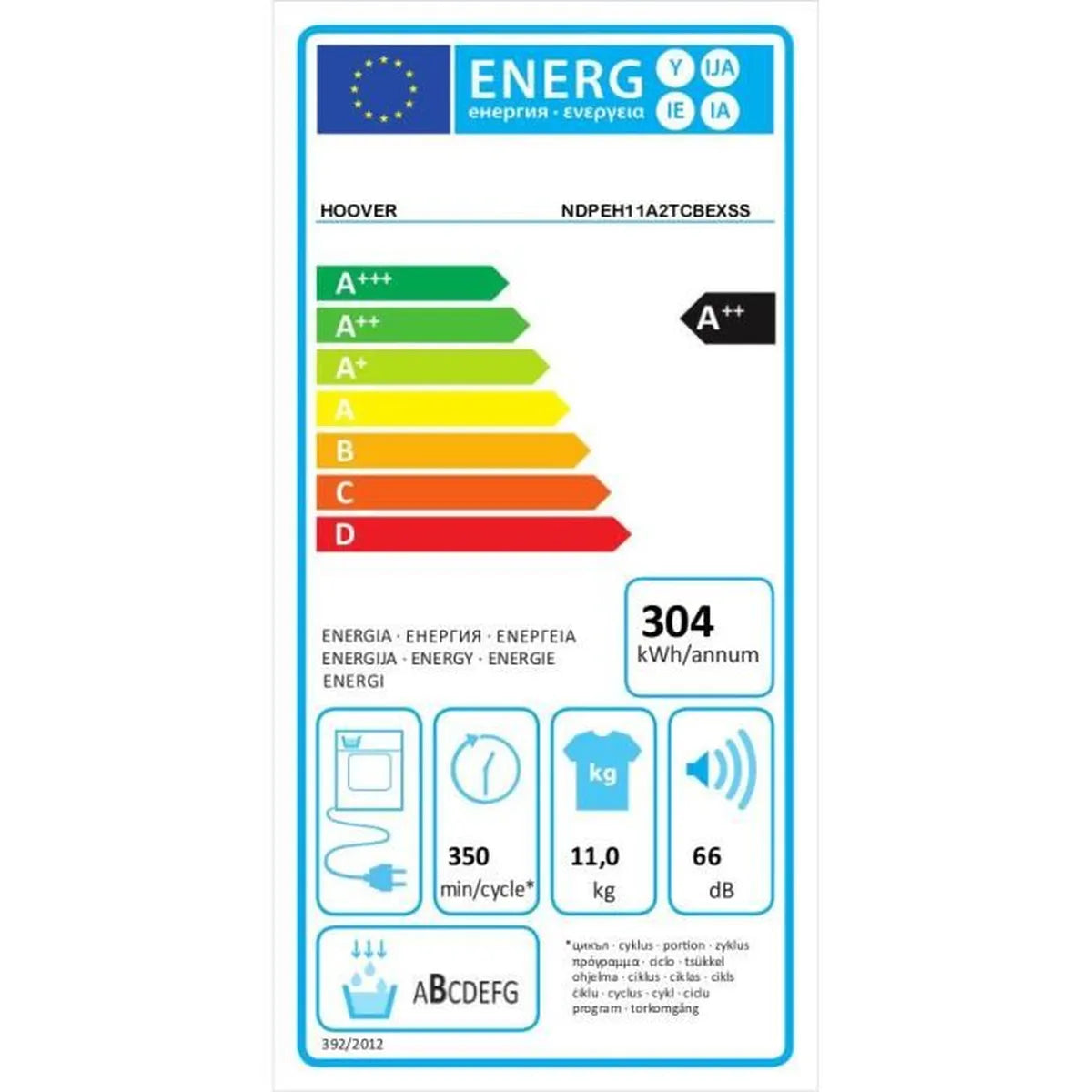 Sèche-linge pompe à chaleur HOOVER NDPEH11A2TCBEXSS H-DRY 500 - 11 kg - Classe A++ - Connecté - Blanc - Cosnewshop